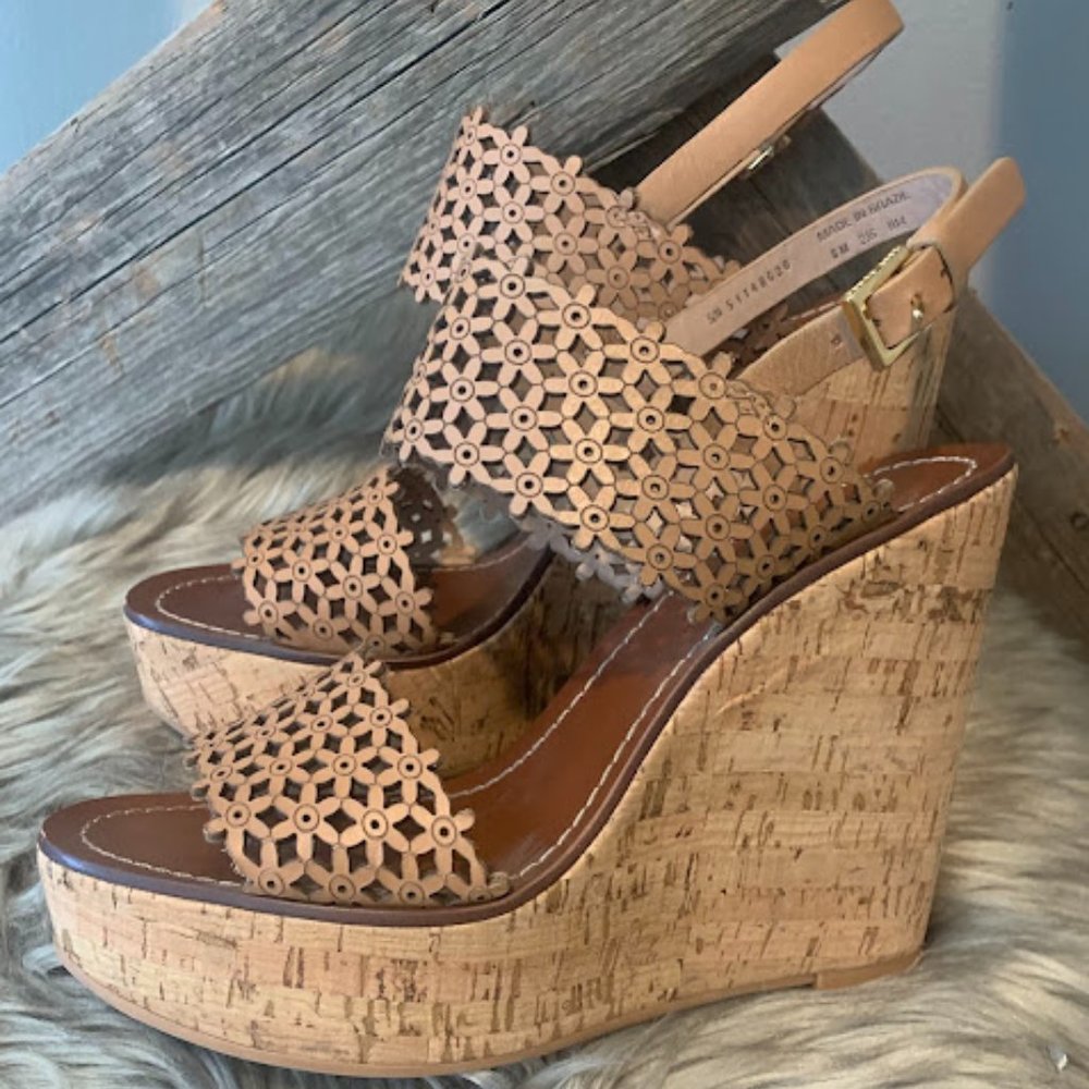 Tory Burch Cork Platform Wedge Sandals, Beige filligree laser cut, size 8, NEW